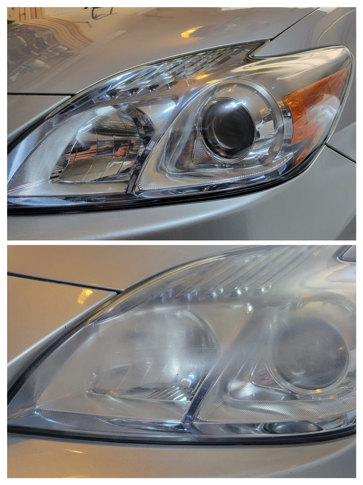 Comparison of headlight before and after restoration, showing the transformation from cloudy and oxidized to clear and shiny.