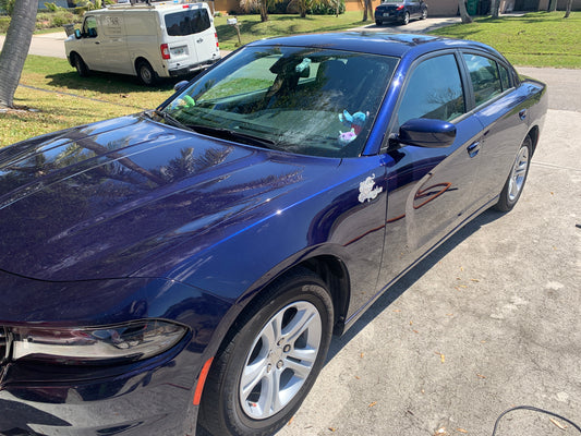 Alt Text: Top-down view of the blue Dodge Charger shining brightly after our detailing, showcasing the clean surface and glossy finish.