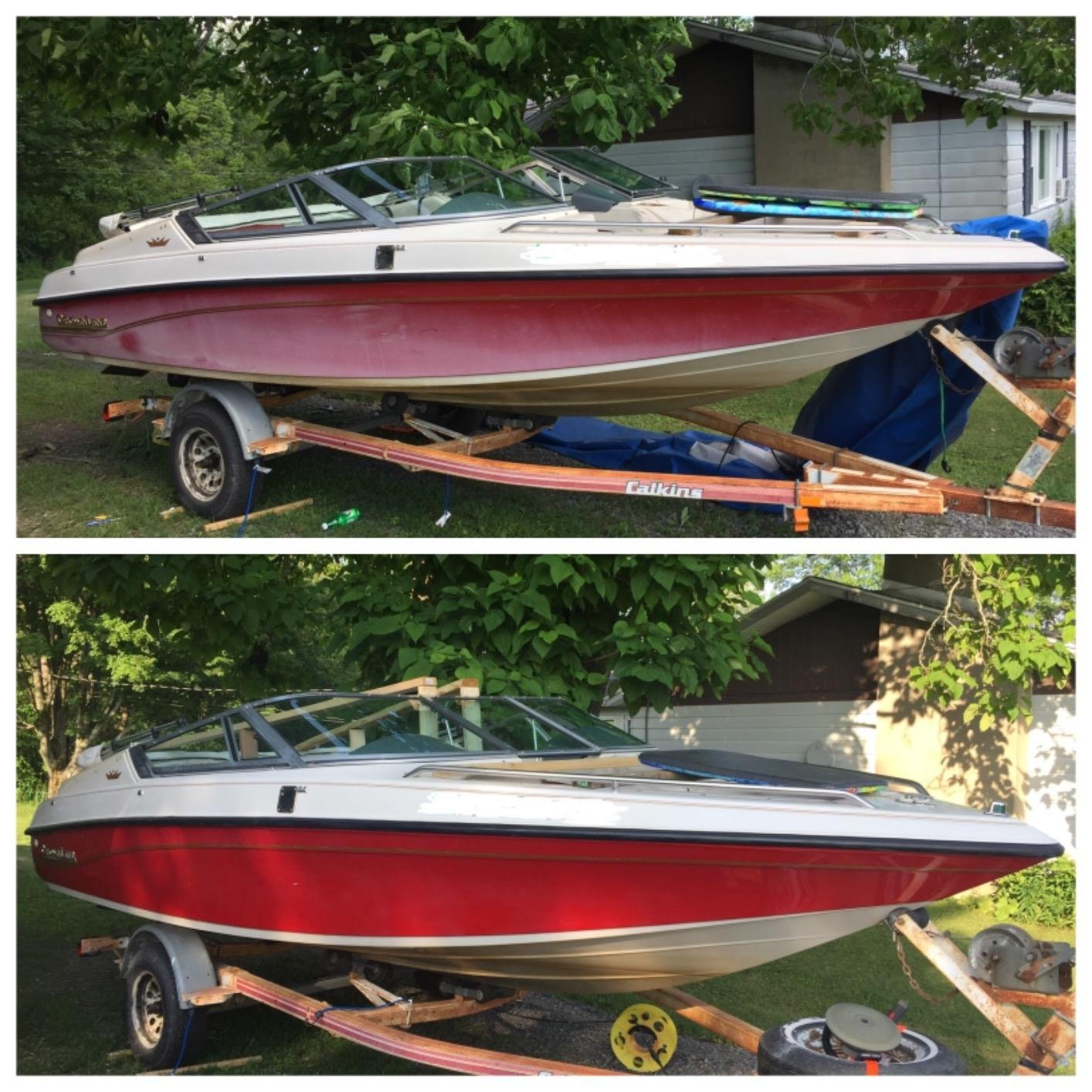 Before and after of a boat’s red hull, showcasing paint correction that removed heavy oxidation and restored the vibrant color.
