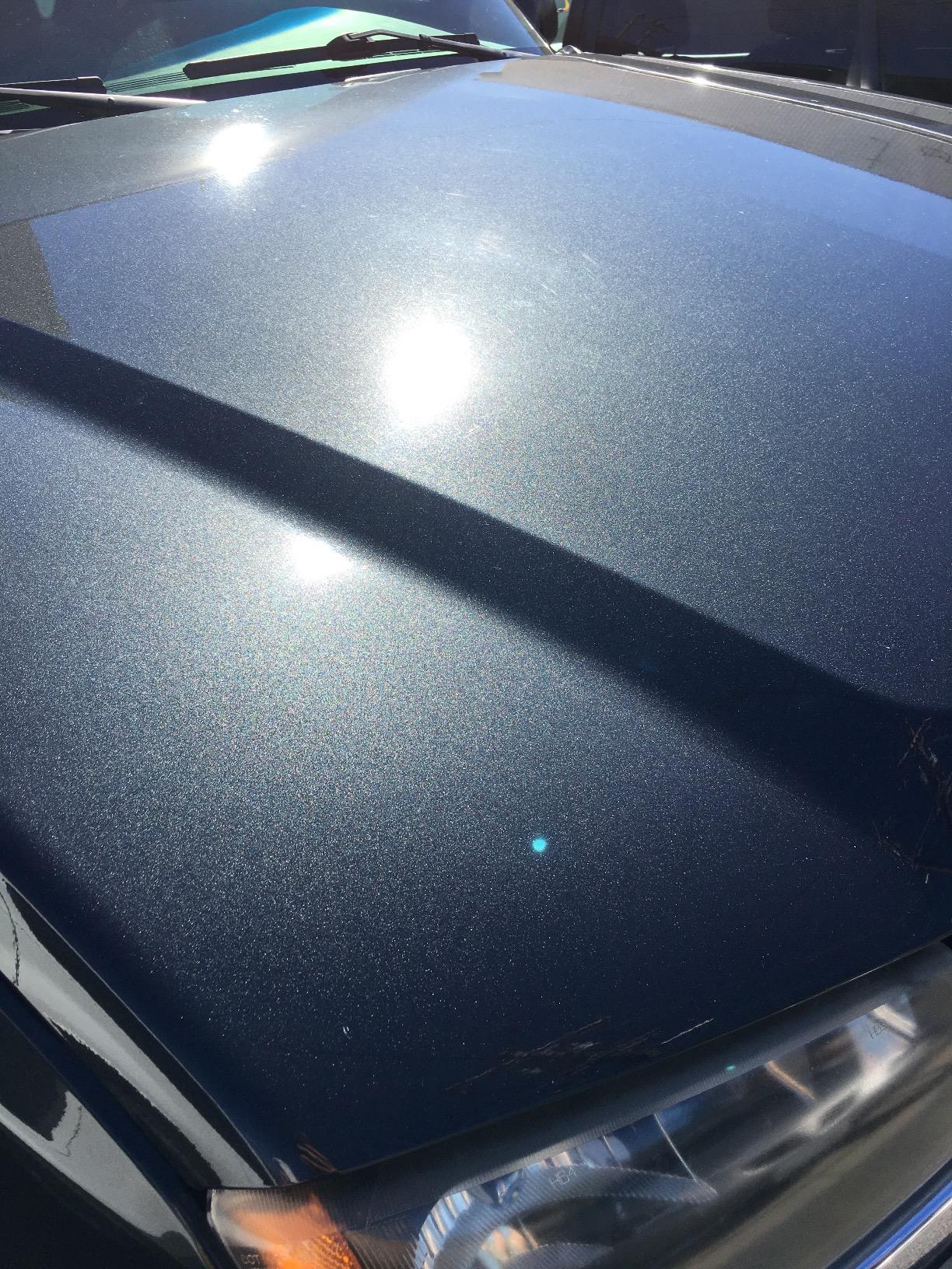 Close-up shot of the classic BMW's hood, showing paint speckling in the sun after our 2-stage paint correction package.