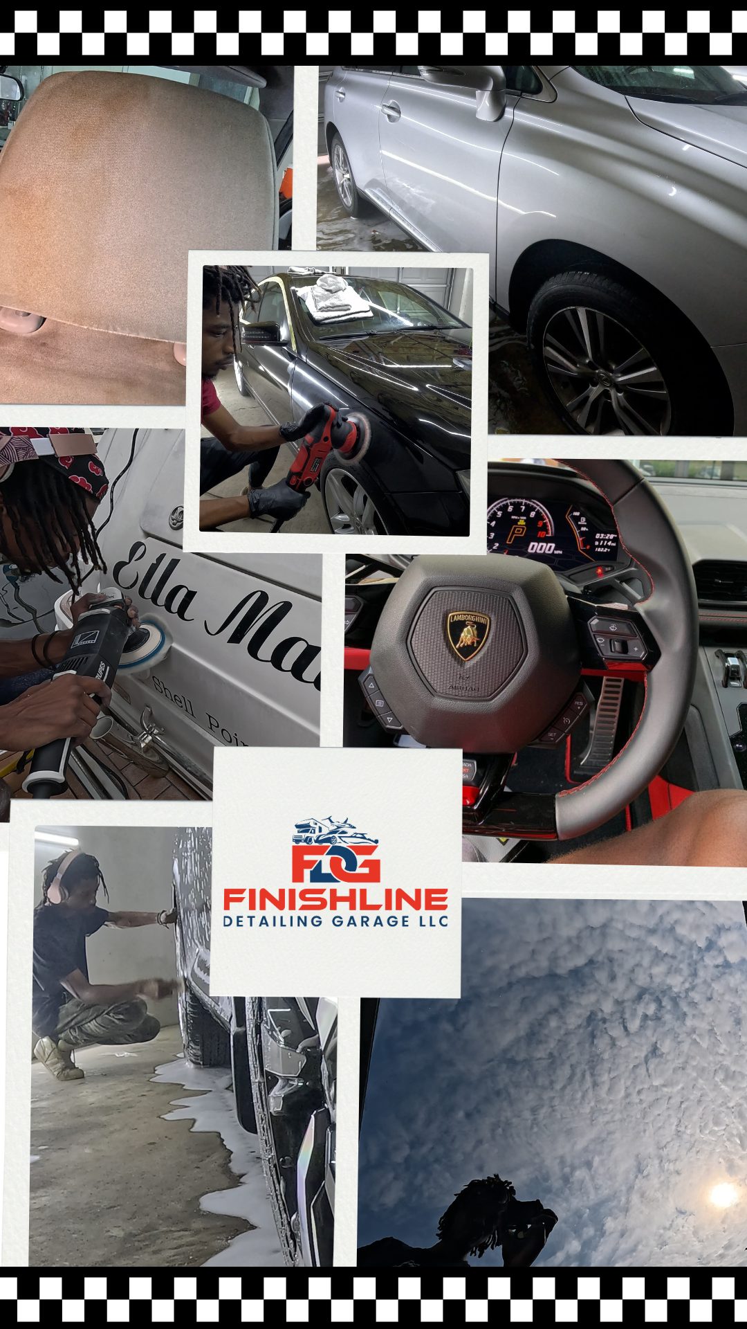 Collage showcasing premium auto detailing services, including paint correction, ceramic coating, interior detailing, headlight restoration, and engine bay cleaning by Finishline Detailing Garage LLC in Tallahassee, FL.