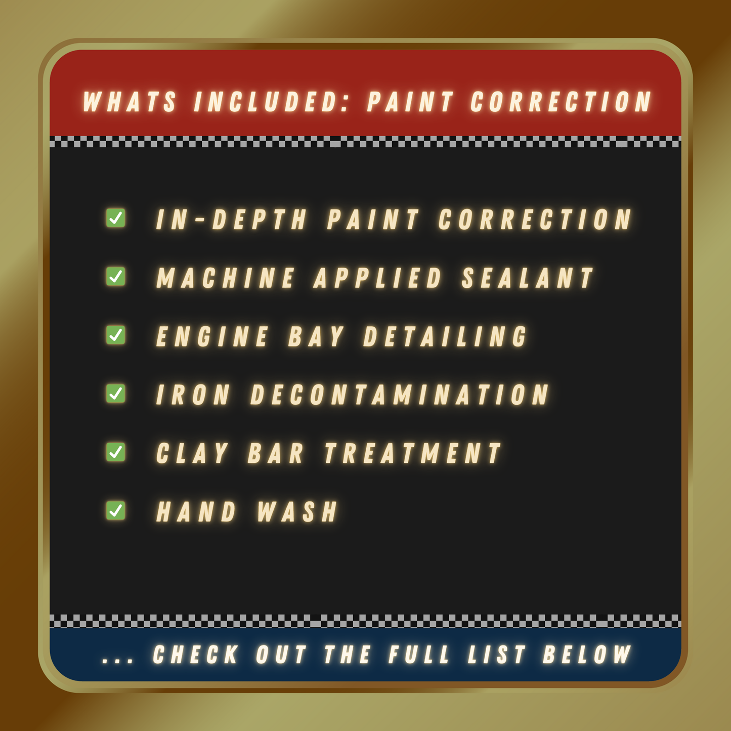 Checklist image outlining the key features and benefits of the Paint Correction Package, including defect removal and glossy finish restoration.