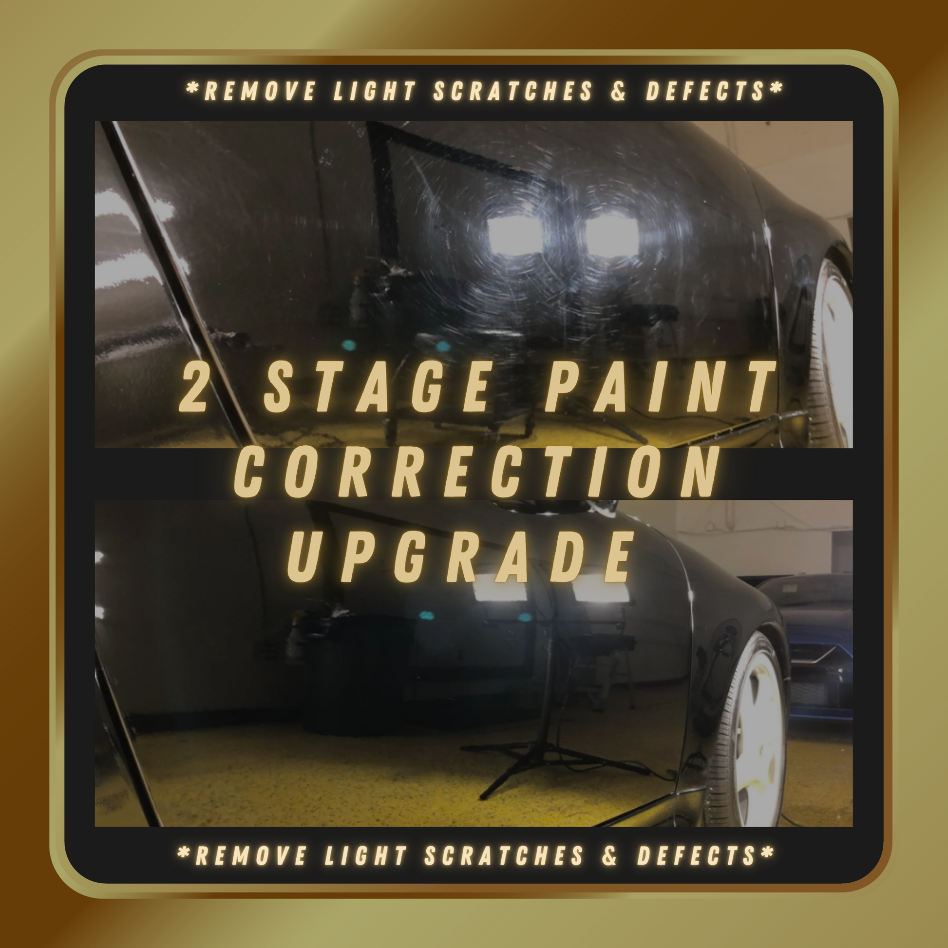 Split-screen image showing a car with scratches and swirls on the top, and the same car with a clear, deep black finish after 2-stage paint correction on the bottom, highlighting the restoration process