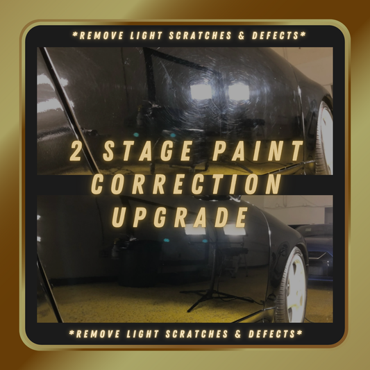Split-screen image showing a car with scratches and swirls on the top, and the same car with a clear, deep black finish after 2-stage paint correction on the bottom, highlighting the restoration process