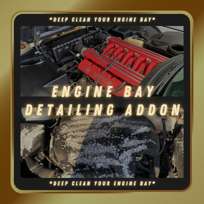 Split-screen image showing a clean Dodge Viper engine on one side and an engine covered in soap on the other, with the text Engine Bay Detailing Addon Deep Clean Your Engine Bay displayed
