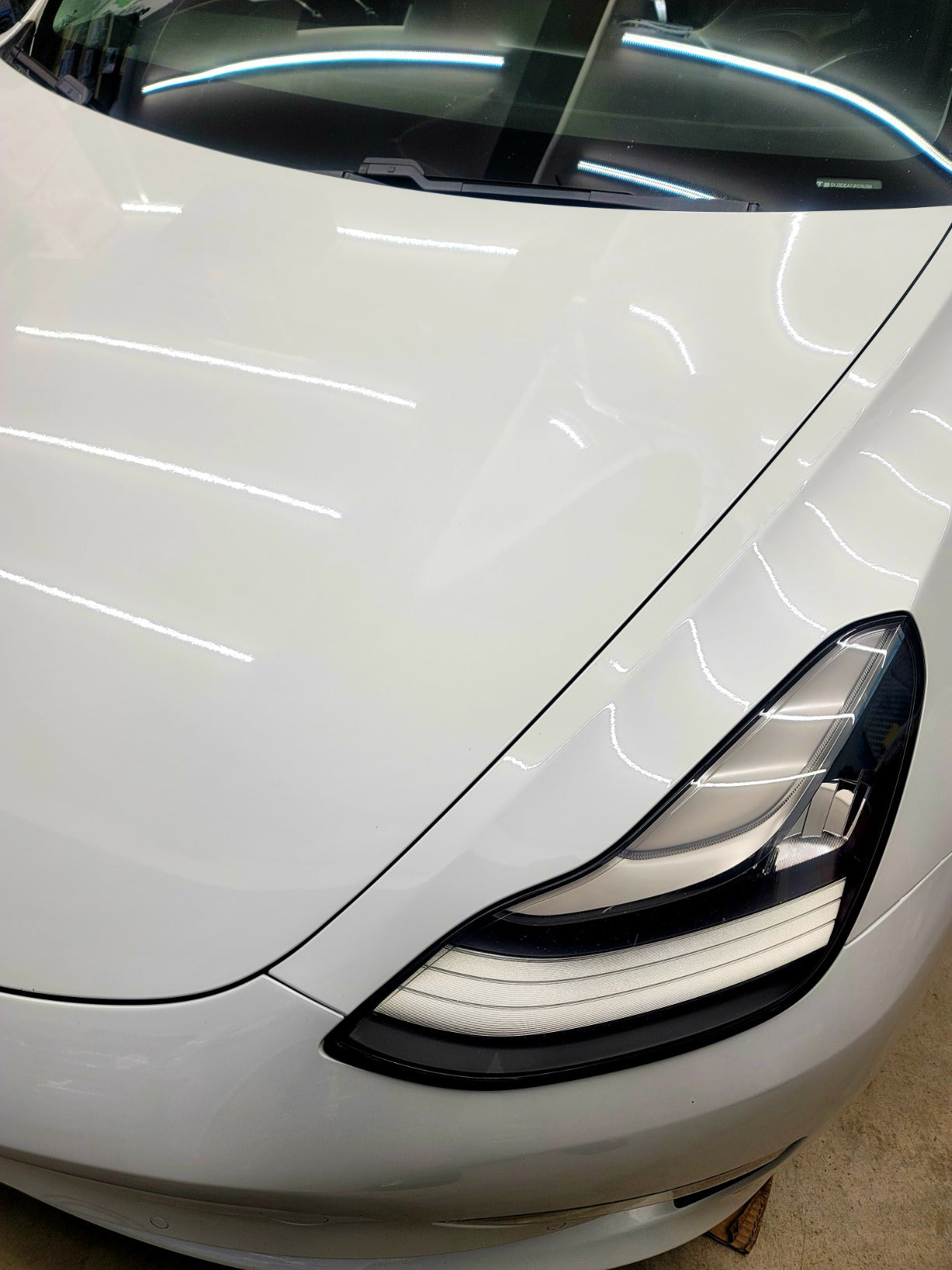 Front-quarter view of a Tesla Model 3 with a high-gloss finish after graphene ceramic coating at Finishline Detailing Garage in Tallahassee FL.