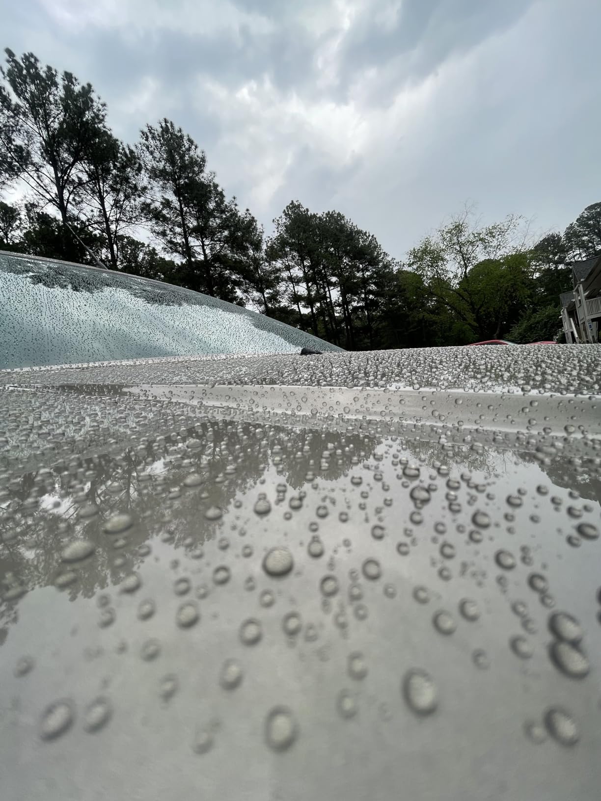 Close-up view of water beads forming on a vehicle’s surface outdoors, showcasing ceramic coating’s protection.