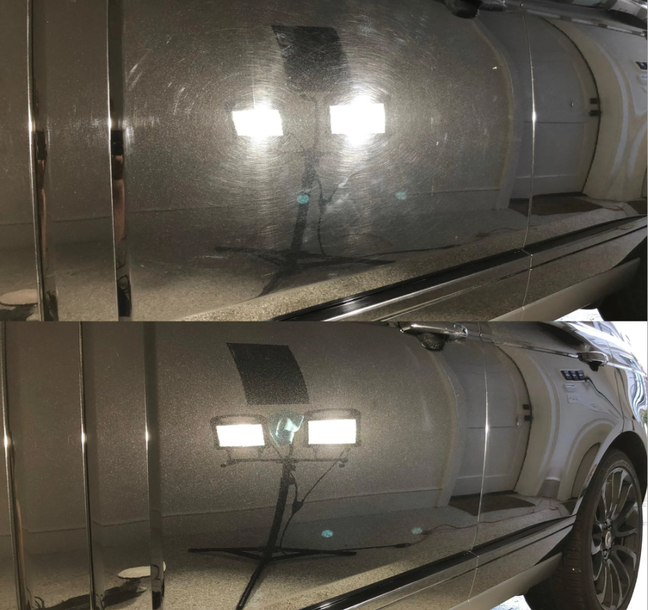 SUV paint correction before and after, showing the removal of heavy swirl marks and scratches for a flawless, high-gloss finish.