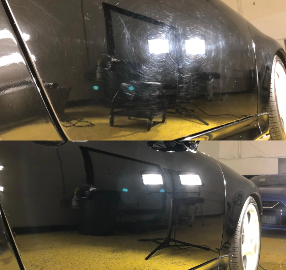 Before and after showing the transformation from heavy scratches and swirl marks to a smooth, glossy paint finish with paint correction.
