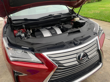 Engine bay of a red Lexus RX 350, detailed and cleaned to perfection, showing restored cleanliness and shine.