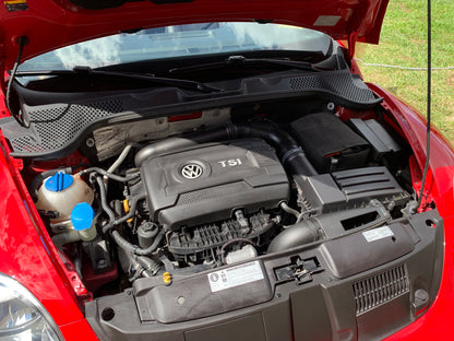 Engine bay of a red VW Beetle, meticulously detailed, showing clean and rejuvenated components.