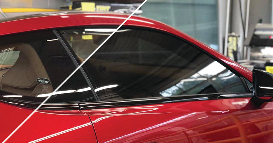 Before and after window tinting on a red vehicle, showcasing the difference in tint level and overall appearance.