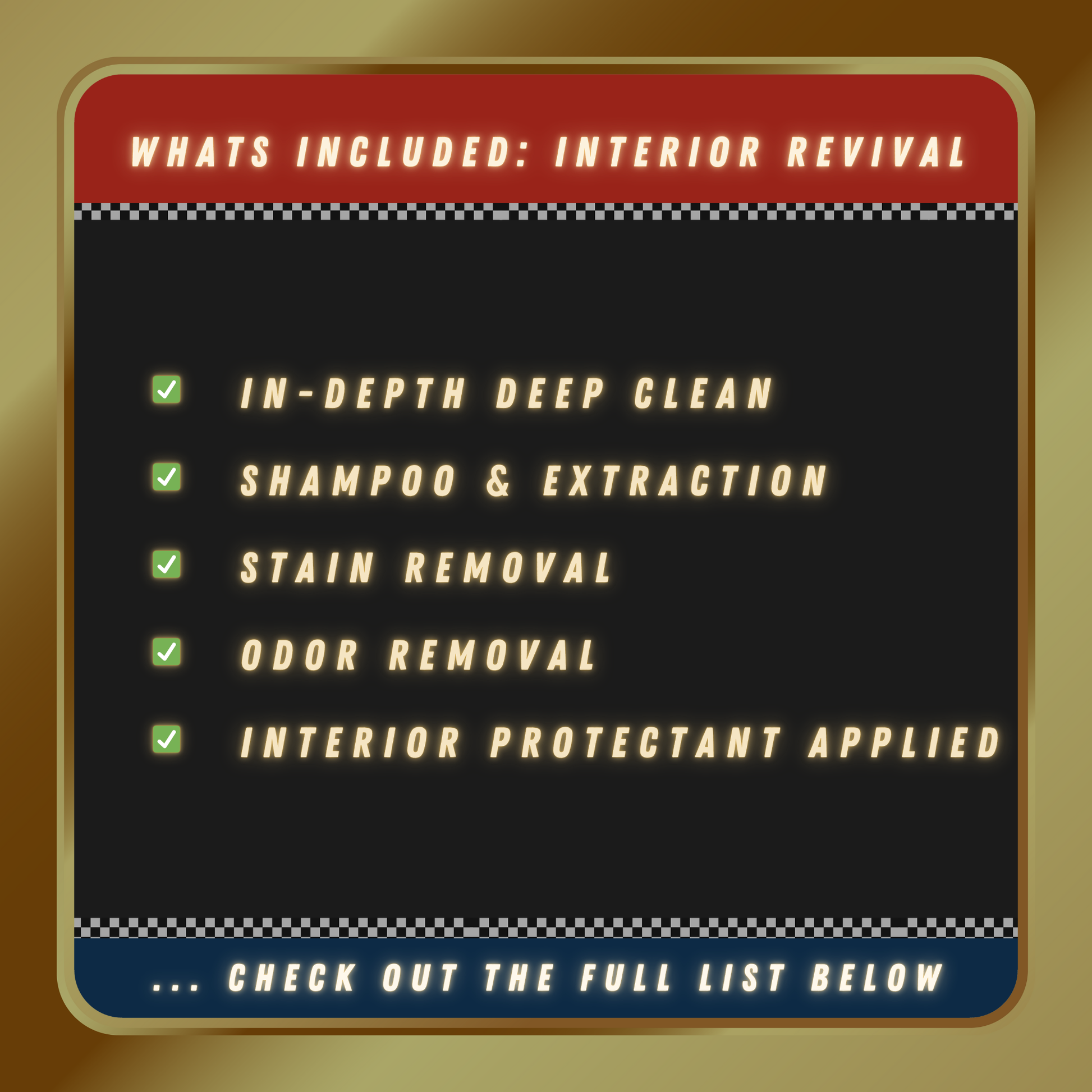 Checklist image highlighting the essential services and improvements included in the Exterior Revival Package, aimed at revitalizing the vehicle’s exterior appearance.